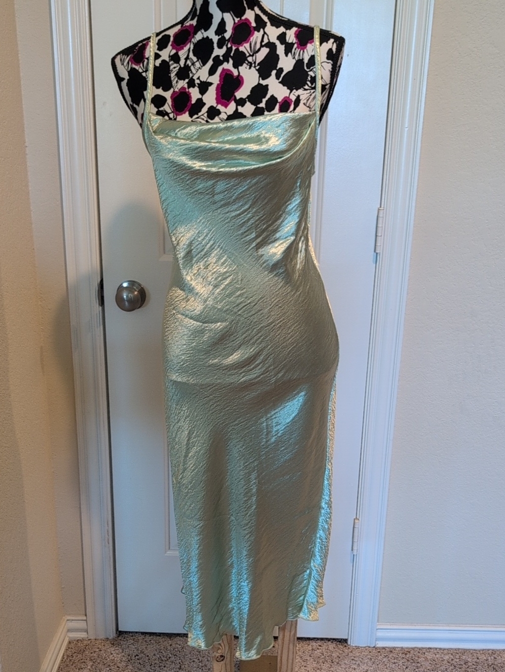 bebe Metallic Mint Green Slip Midi Dress With Spaghetti Straps Size Small